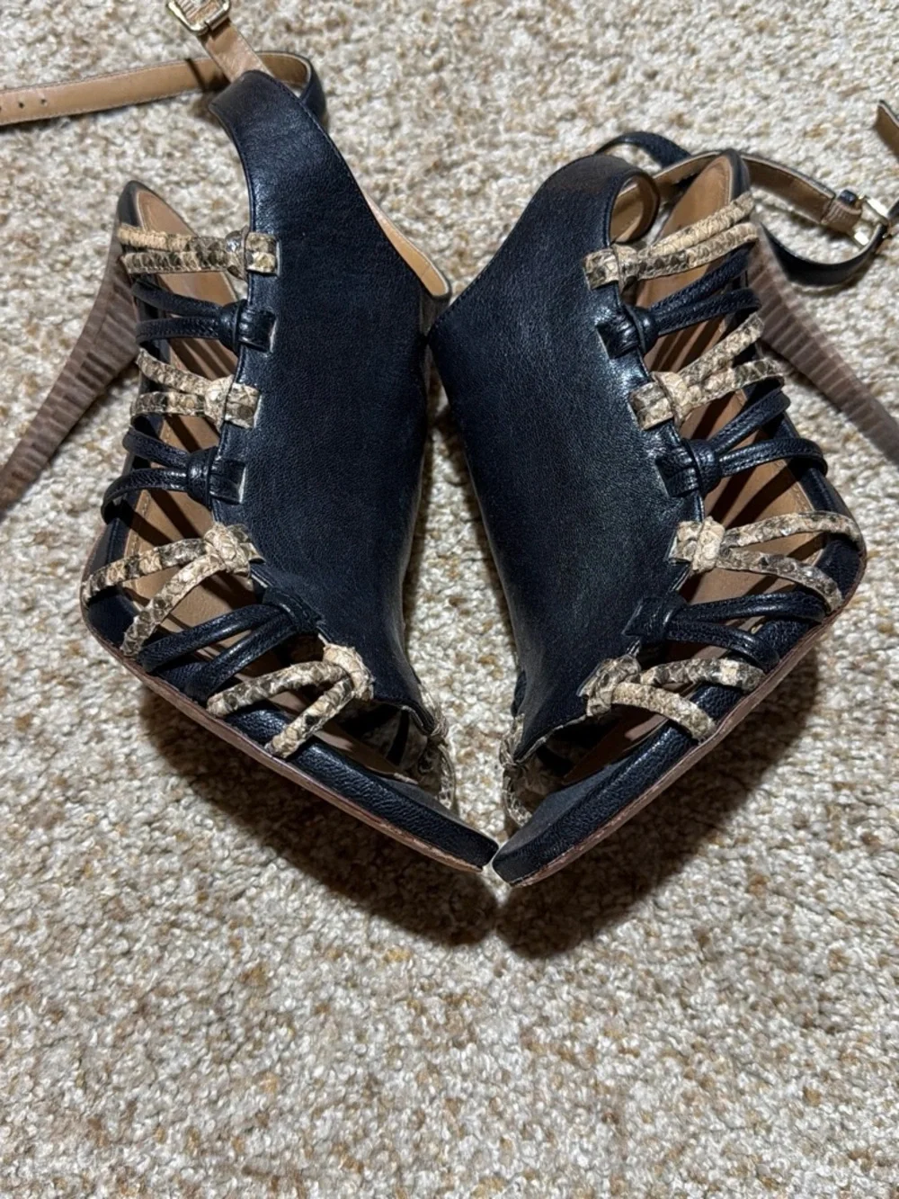 Coach Black Leather Open-Toe Heels with Natural Trim